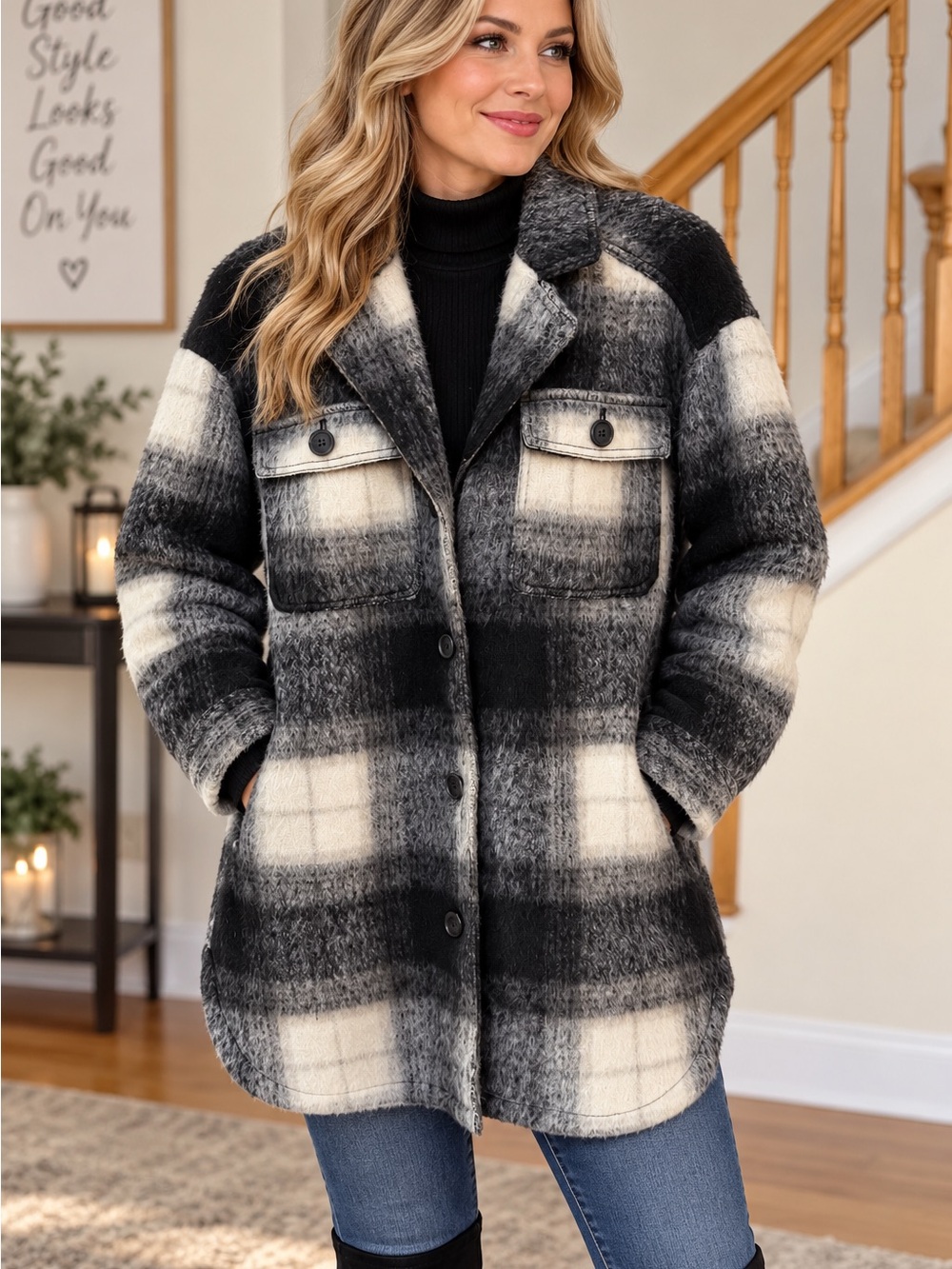 Old Navy Black & White Plaid Teddy Jacket